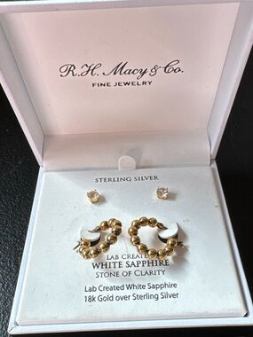 R.H. Macy & Co Gold Beaded Hoop Earrings with White Sapphire Studs